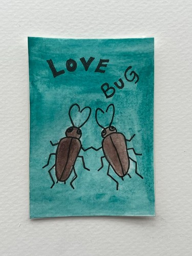 ACEO. Gouache & Ink on Watercolor Paper. Heart. Valentines Day. Love. Bugs.