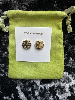 Tory Burch Logo Stud Earrings Gold Tone Metal Round Lobe No Stone