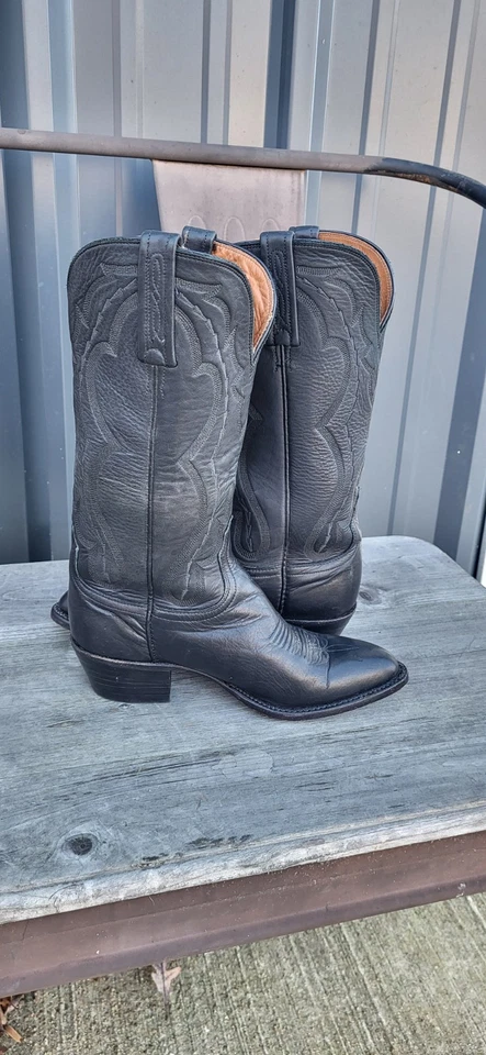 Womens 6.5B Black Calf Skin Leather Boots Lucchese 2000 Womens Cowboy Boots 6.5 - Image 4 of 4