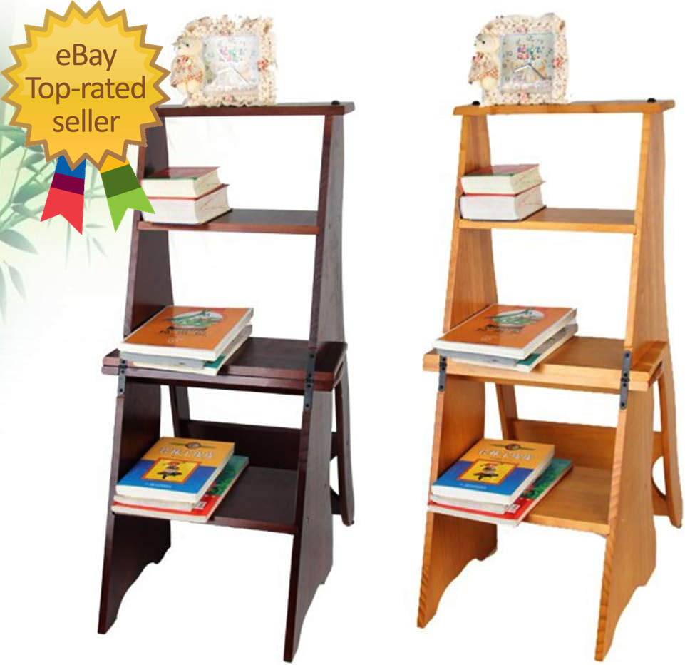 Library Ladder Chair Wooden Folding Library Ladder Chair 2 in 1 Lightweight Portable ...
