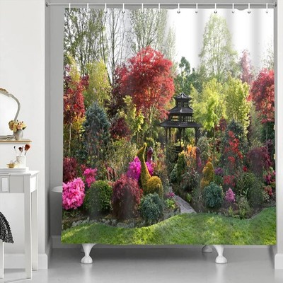 Abaysto Duschvorhang 3D Gartenblick Blumen Bäume Outdoor Natur Landschaft