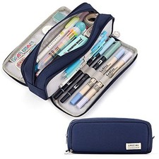 Large Capacity Pencil Case 3 Compartment Pouch Pen Bag for School Teen Navy