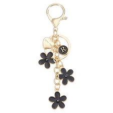 Initial Letter Keychain with Love You Heart, Flower Keychain, Alphabet R Black 