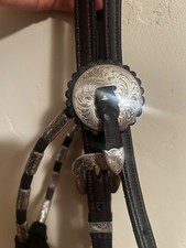 Silver Browband Western Show Bridle Headstall Dark Oil Used in Great Condition
