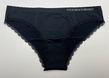 VICTORIA'S SECRET PANTIES SIZE LARGE L SOLID BLACK SILKY LACE CHEEKY VS LOGO NWT