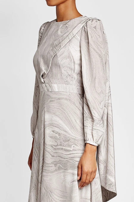 Abito sciarpa drappeggiata Alexander McQUEEN $2795 grigio stampa marmo seta crepe nuovo con etichette