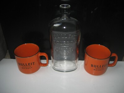 2 Bullet Bourbon Mugs & Empty Bullet Bourbon Bottle 750 ml Sans Label Never Used