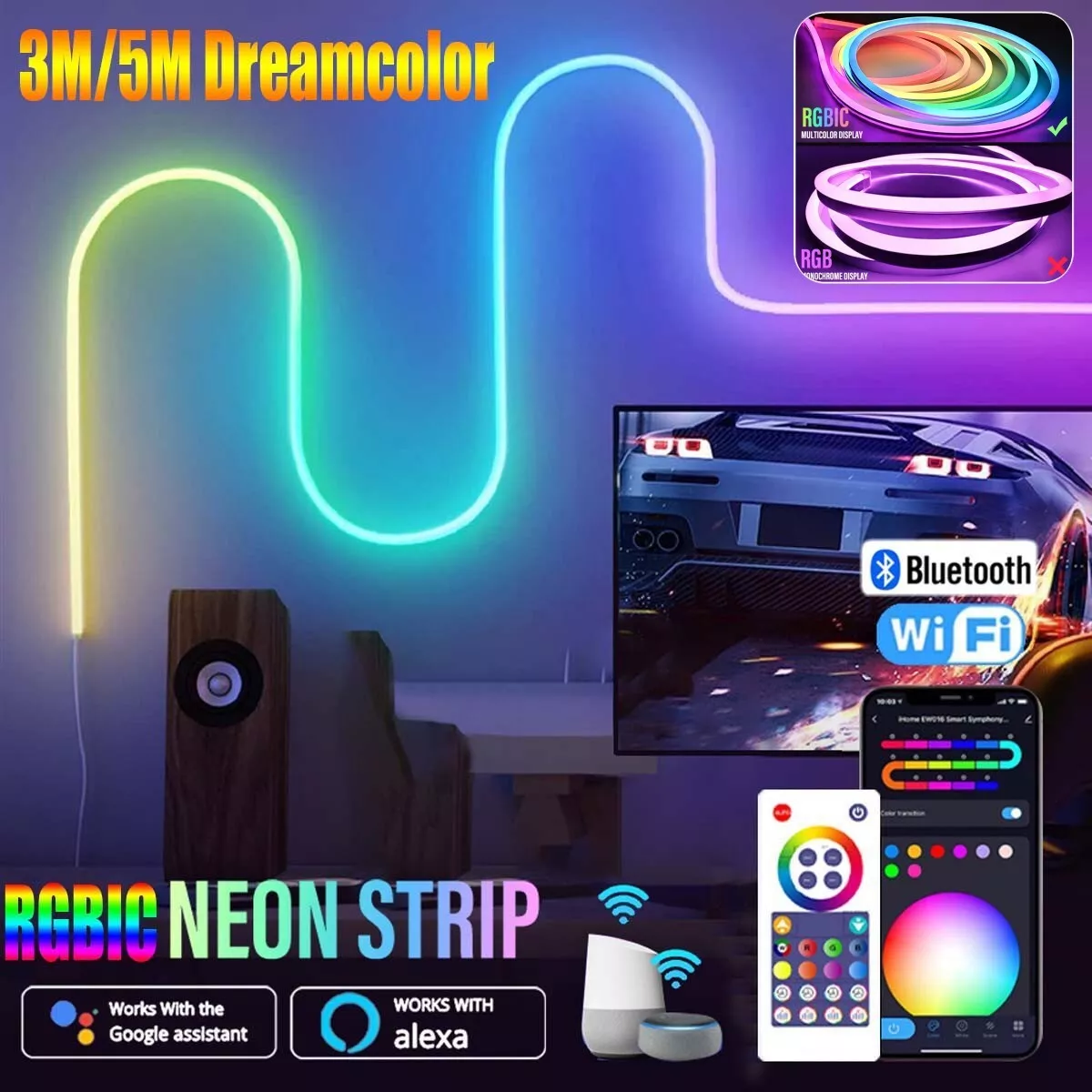 3M/5M RGBIC LED Neon Flex Rope Light Smart App Waterproof Party