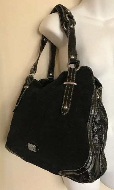 The Sak Black Genuine Suede & Patent Leather Braided Handle Satchel Shoulder Bag | eBay