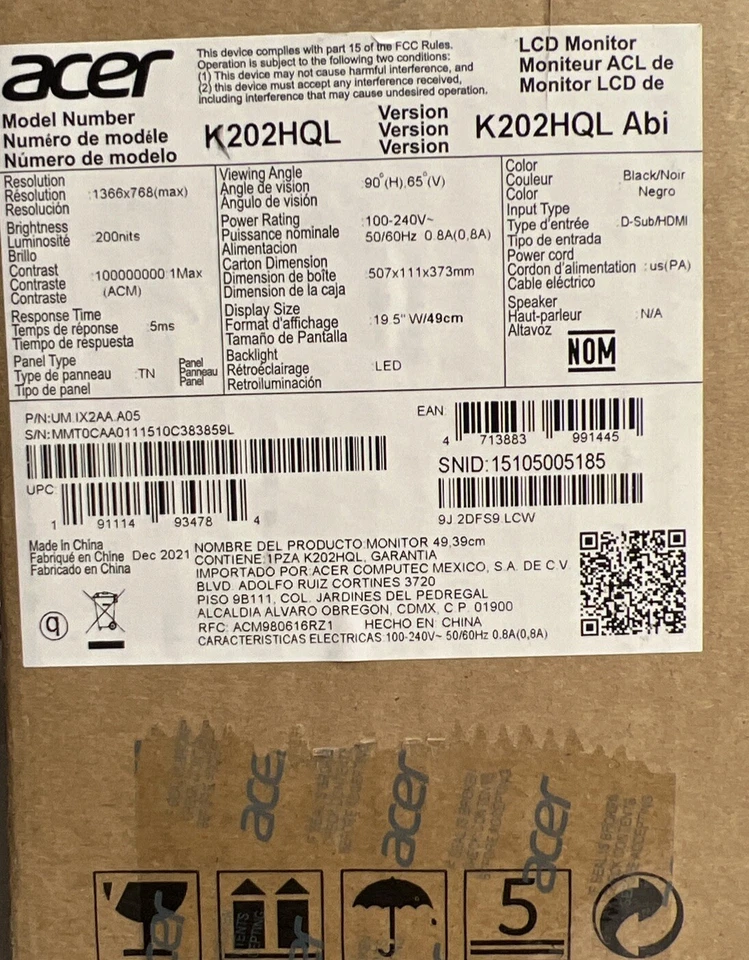 New Acer K202HQL 19.5 inch Widescreen LCD LED Monitor - Image 3 of 3