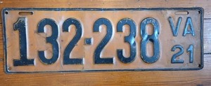 1921 Virginia License Plate all original 18" X 6" 132 238