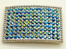 Handmade unisex style classic oblong Belt Buckle Silver Metal Blue ab rhinestone