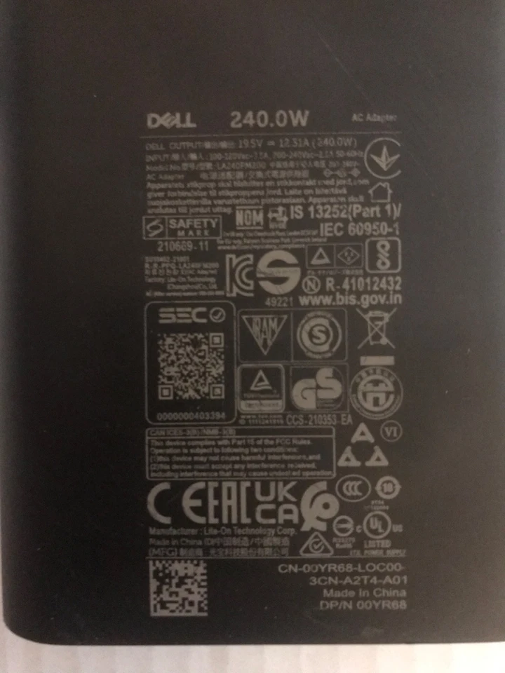 戴尔交流充电器适配器 240W 带电源线 G3,G7 Alienware x17,x15,M17x m15 — 第 3/3 张图片