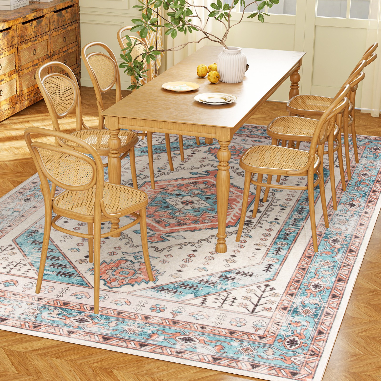 HOMCOM 5x7 Area Rug, Vintage Machine Washable Rug for Bedroom, Brown Blue