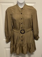 Banana Republic Sz Large Belted Long Sleeve Rayon Button Up Dress Brown