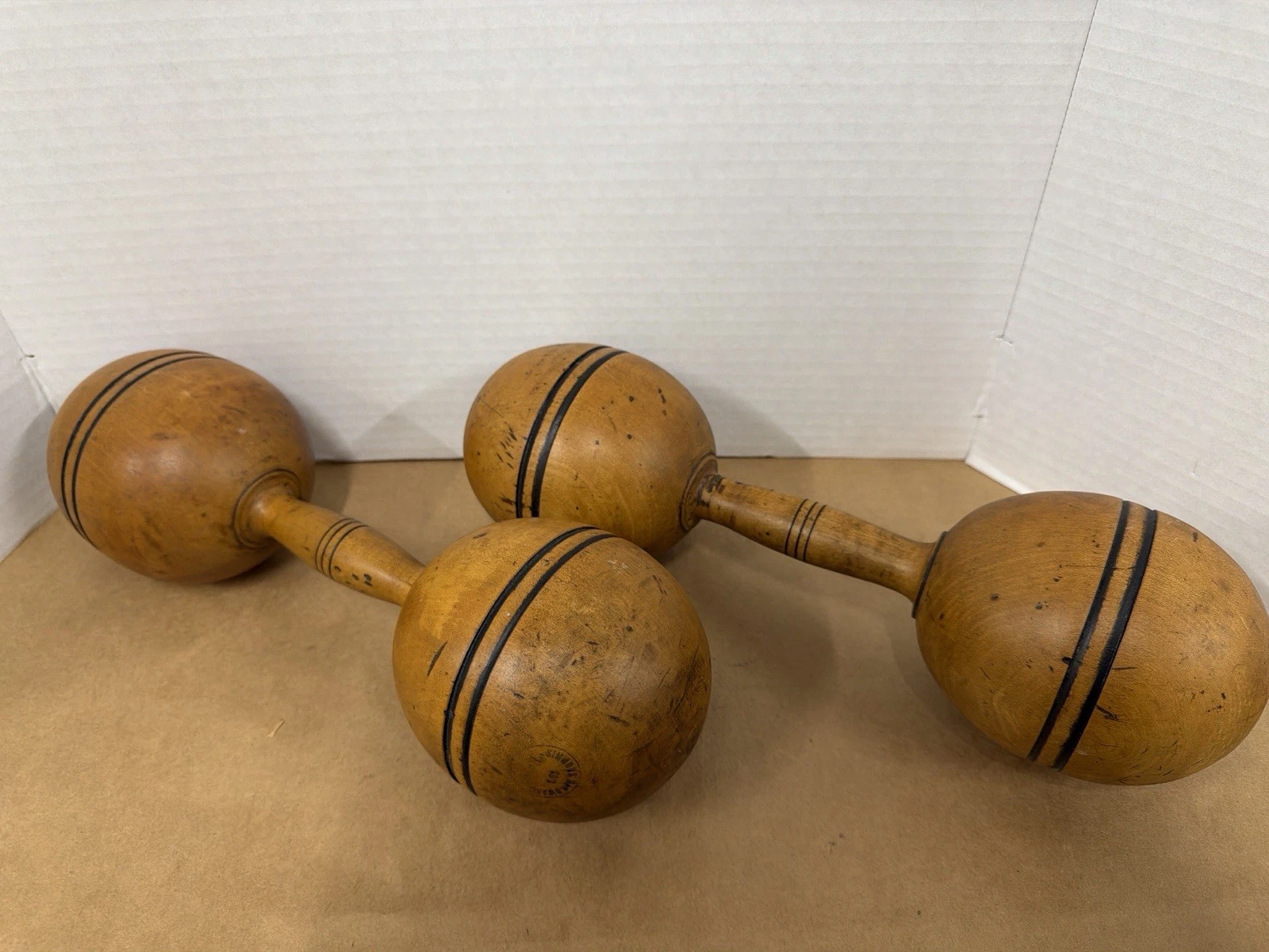 Antique Wooden Dumbbells 3lb Marked Simmons Royal Mfg Pair