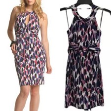 GUESS Keyhole Halter Open Back Multicolor Purple Pink Tie Back Mini Dress Sz L