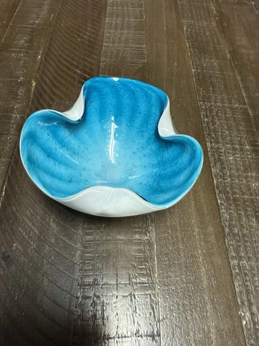 Vintage Blue & White Art Glass Bowl – Ruffled Edge Murano Style Dish
