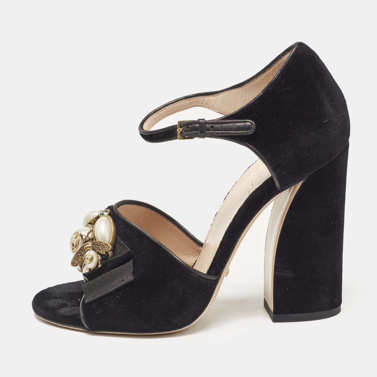 Gucci Black Velvet Bee Pearl Ankle Strap Sandals Size 38 EU