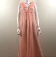 Vintage Halston 1970’s Heart Print Sheer Pink Nightgown With Ruffle Collar