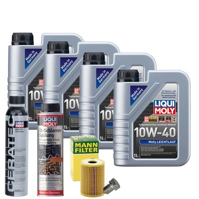 Motoröl 10W40 LIQUI MOLY 4L+MANN Ölfilter+Spülung+Cera Tec+Ölablassschraube