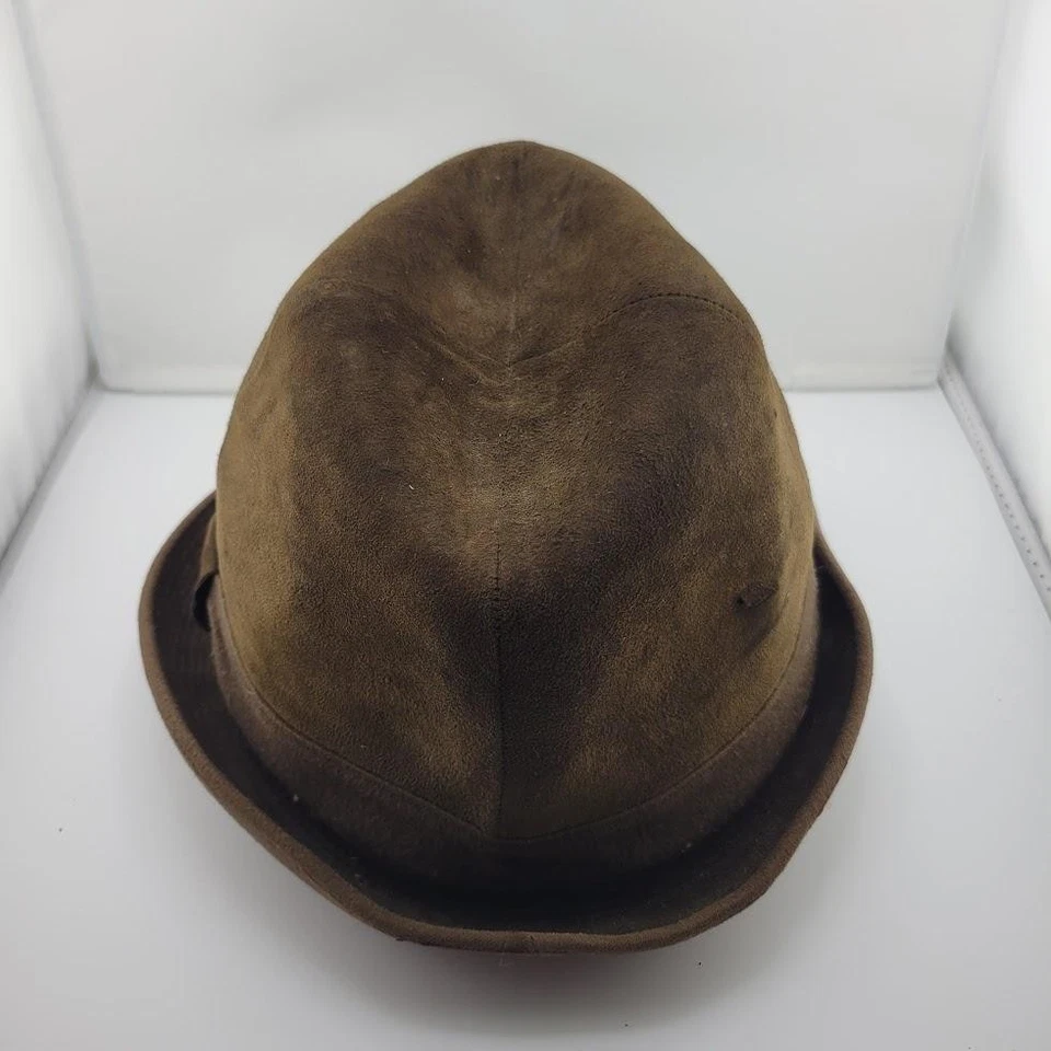 Sombrero de cuero auténtico Fedora ajustado para hombre marrón gamuza ala corta Trilby clásico Foto 3 de 4