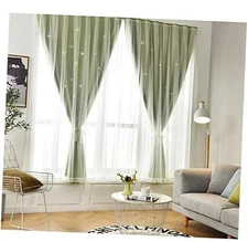 Green Blackout Curtain with Hollow Stars Design French Door Panel Lace Window 