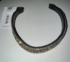 Horze Reims Pony Browband Black Leather Gold & Clear Crystal Curve $75 NWT