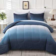 Blue Comforter Set Queen - 7 Pieces Ombre Blue White Microfiber Bedding Set