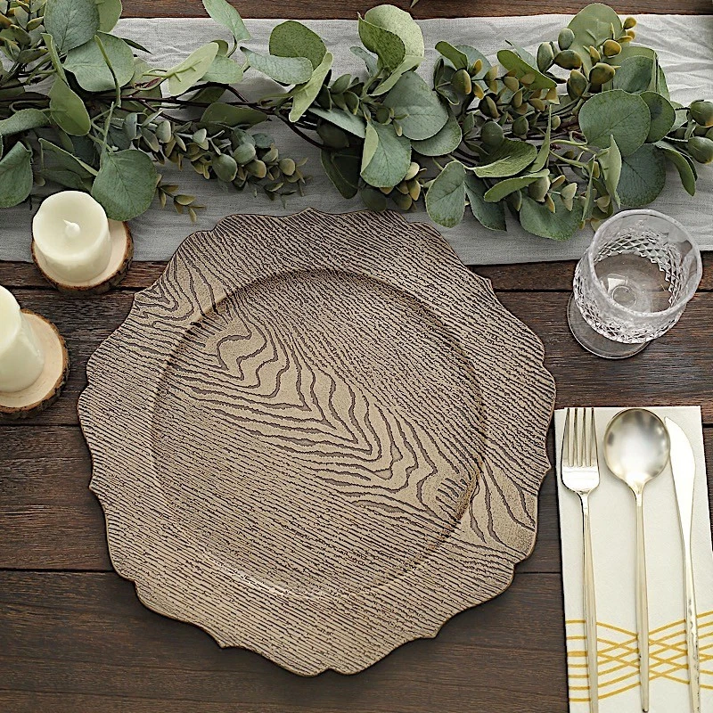 NATURAL 6 PLACAS CARGADOR Redondas 13" Madera Rústica Acrílico Diseño Borde Vieira Foto 4 de 4