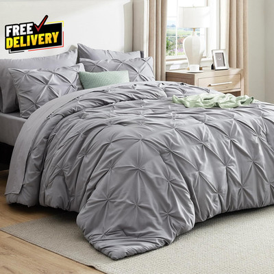 King Size Comforter Set Bedding Sets King 7 Pieces Pintuck Bed in a Bag Grey B..