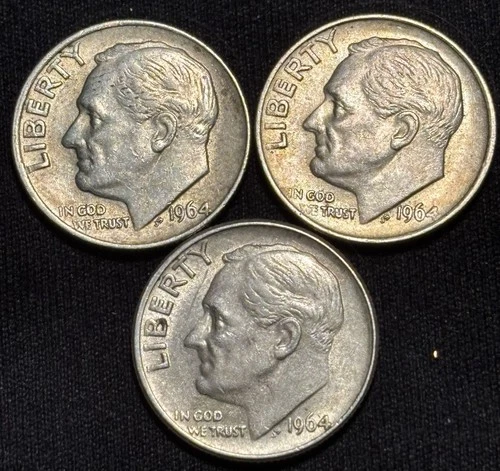 1964-P Roosevelt Dimes, Lot Of 3, XF+, .90 Silver