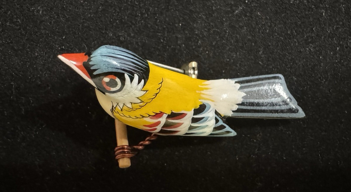 Vintage Takahashi Style Goldfinch Bird Brooch HandPainted Wooden