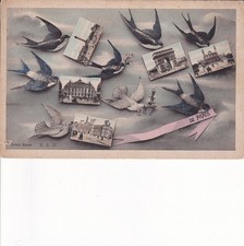 CPA Paris carte souvenir hirondelle colombe vues Opéra Louvre Arc Triomphe 1900
