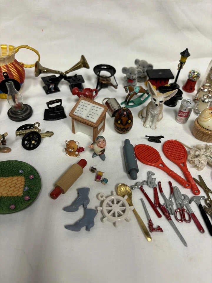 91 Pc Miniature Doll House Items Hand Tools Animals Groceries Coal Bucket Iron - Image 3 of 4