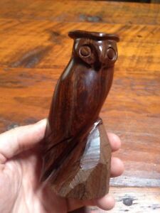 Dark Wood Carved Horned Owl Figurine