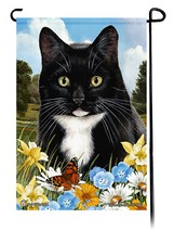 Summer Flowers Garden Flag - Black and White Tuxedo Cat