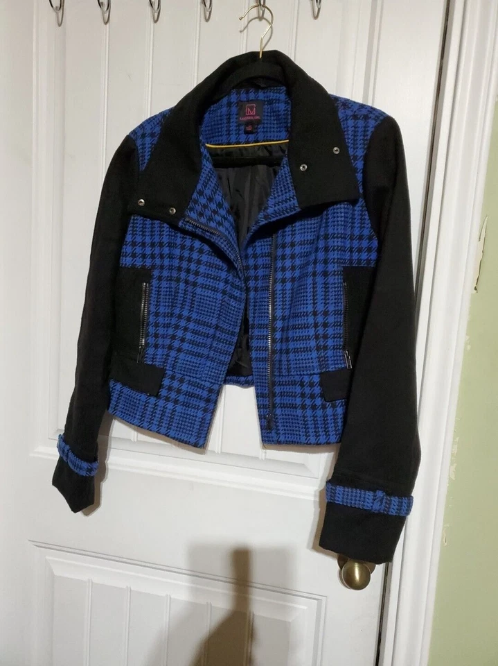 Material Girl Bright Blue Houndstooth Plaid Moto Biker Jacket Womens XL Cropped - Image 3 of 4