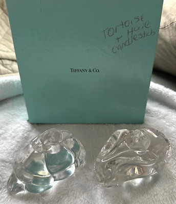 NIB PAIR Vintage TIFFANY & CO Lead Crystal CANDLE HOLDERS Tortoise