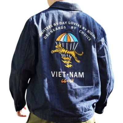 Mens Military Work Urban Outdoor Denim Vietnam Souvenir Jacket