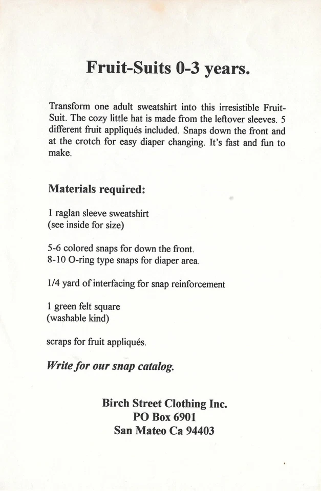 Uncut Birch Street Clothing Unisex Fruit-Suit Sewing Pattern Size: 0-3 Years Old - Image 2 of 2