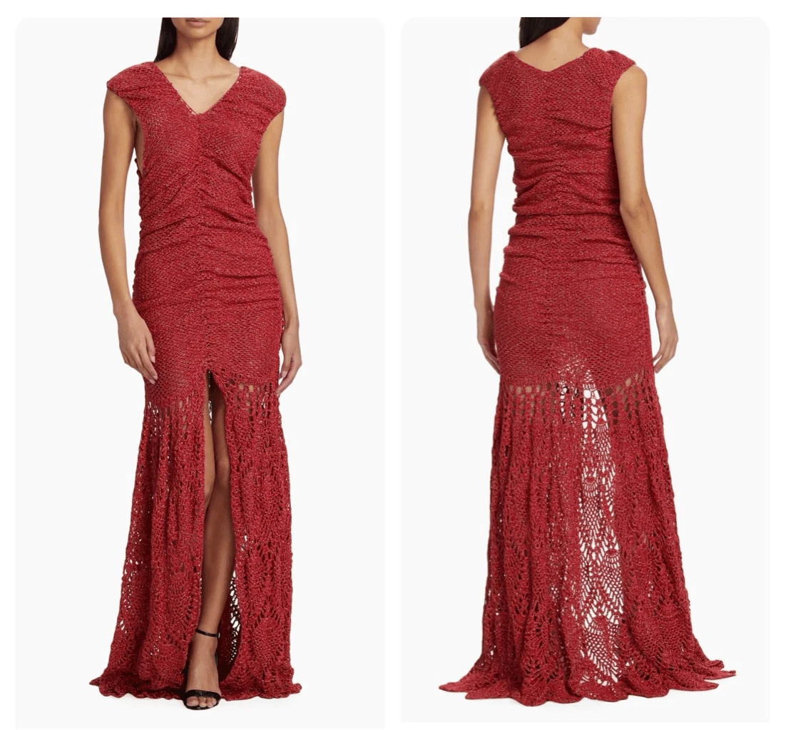Alejandra Alonso Rojas Ruched V Neck Crochet Gown