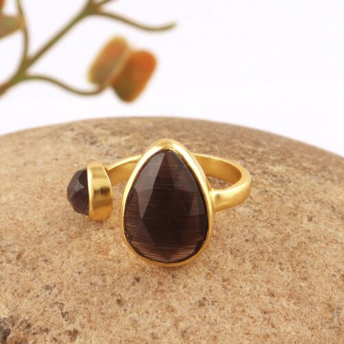 Black Onyx Double Stone Ring Yellow Gold Plating Collet Setting Adjustable Ring - Picture 2 of 2