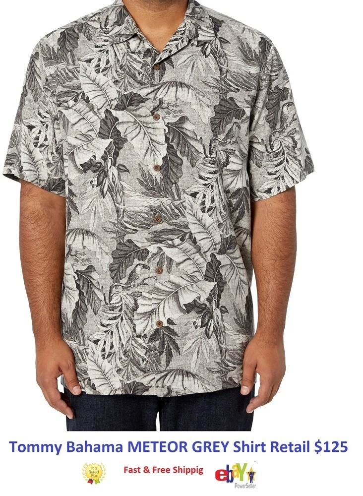 Tommy Bahama Shadow Toucan Camp Half Sleeve Shirt Meteor Grey 100% Silk L/G $125
