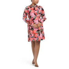 Donna Morgan Colorful Pink Floral High Neck Long Sleeve Shift Dress Sz 10 New