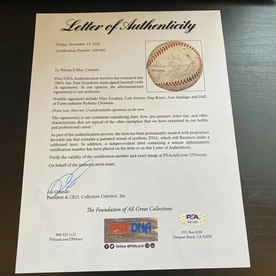 Roberto Clemente 1960's San Juan Senadores Team Signed Baseball PSA DNA COA - Image 2 of 4