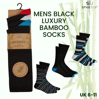 STYLE IT UP Mens Black Luxury Bamboo Super Soft Anti Bacterial Socks 6-11 MultiPack UK 6-11