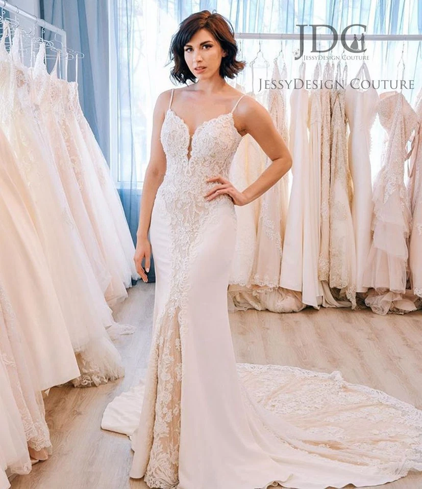 Fit Flare Crepe Meerjungfrau Spitze Brautkleid Hochzeitskleid cut-out Schleppe - Bild 2 von 4