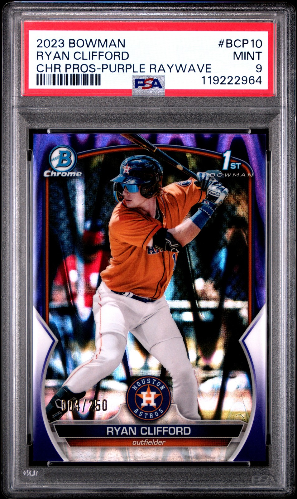 2023 BOWMAN CHROME PROSPECTS PURPLE RAYWAVE #BCP10 RYAN CLIFFORD 4/250 PSA 9