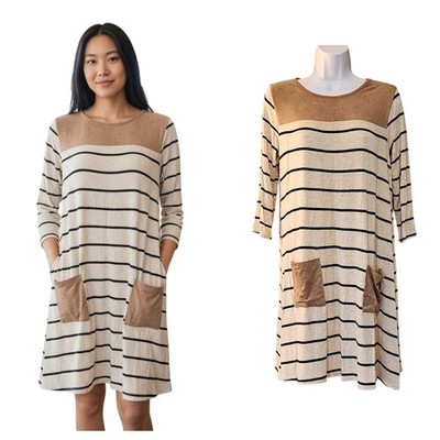 Moa Moa Womens Shirt Dress Size L Beige Striped Lightweight Knit Pockets Shift